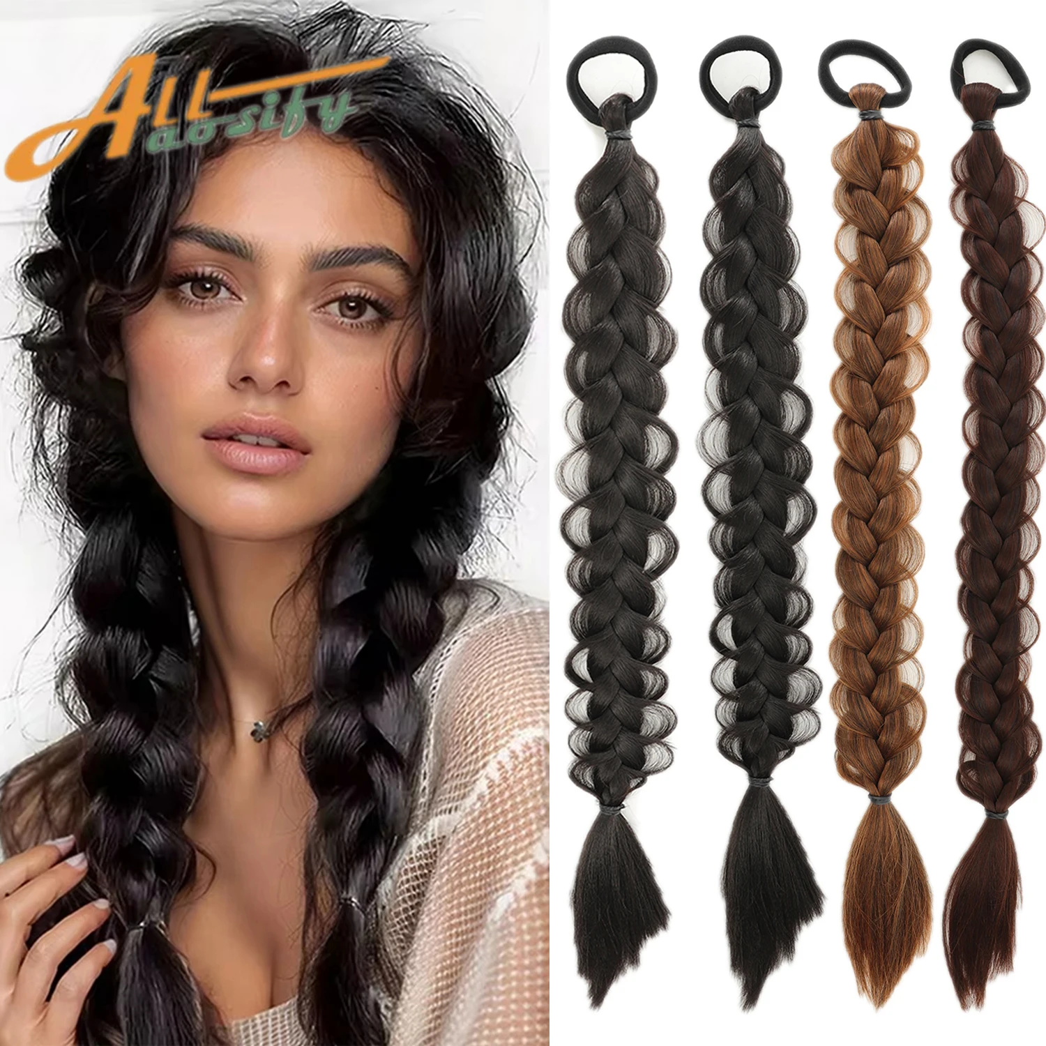 2pcs Long Braided Ponytail for Women Straight Wrap Around Braid Ponytail Extension Synthetic Braids Horse Tail with Rubber Band