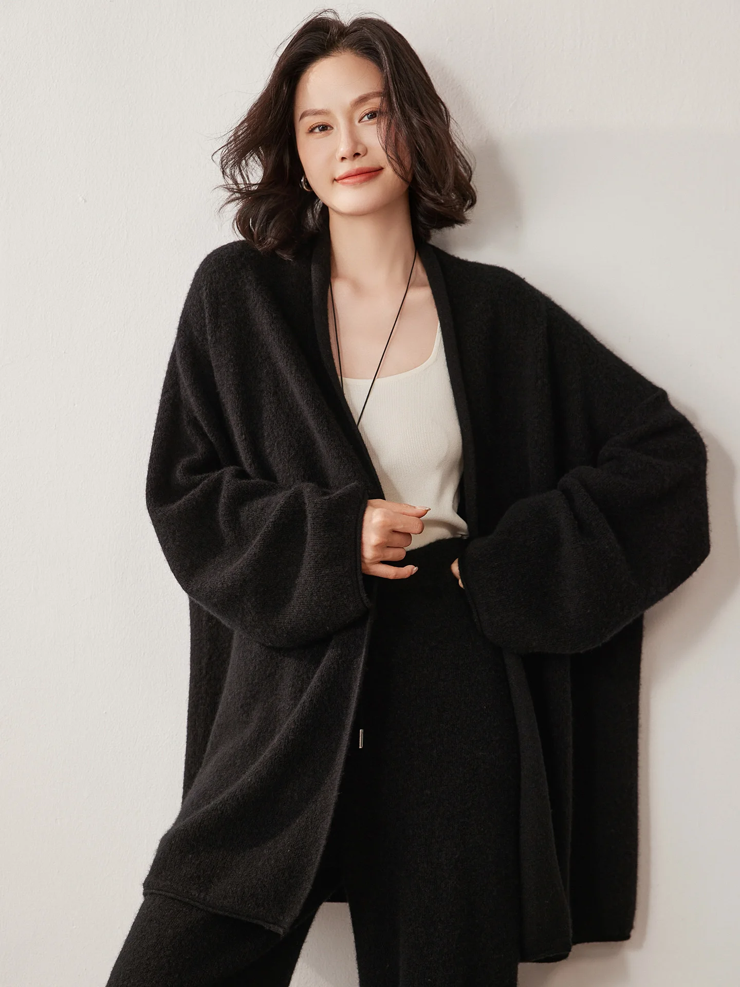 Autumn Winter 100% Cashmere Suit Women's Cardigan Knitted Sweater Soild Tops High Waisted Wide Leg Pants Sets High-end Comfort