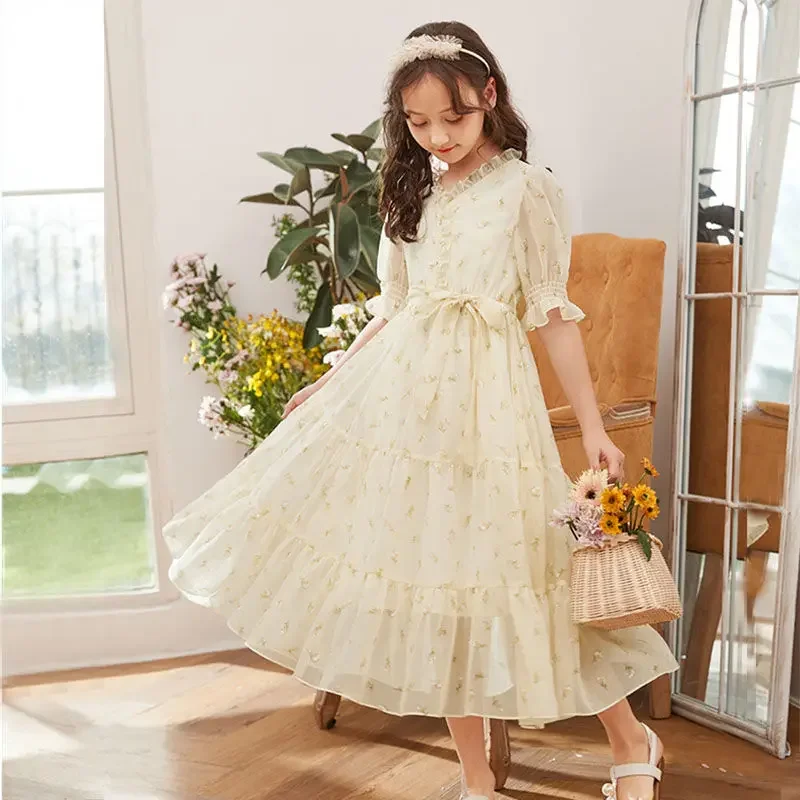 Girls Summer New Dress Youth Chiffon Waist Princess Skirt Children Pastoral Style Clothes 6 8 10 12 14 16 Years