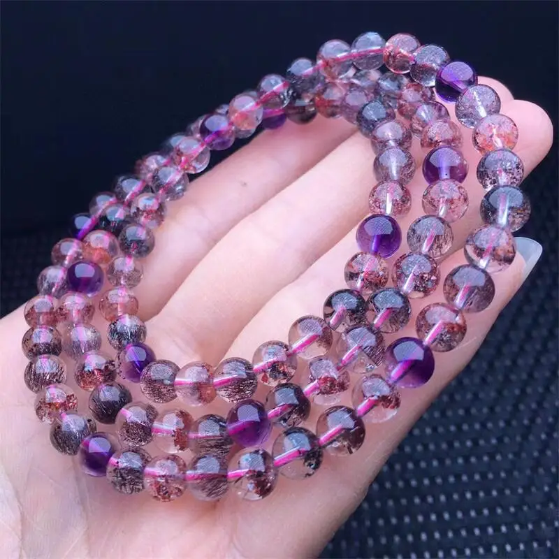 6MM Natural Super Seven Quartz Triple Circle Bracelet Gemstone Reiki Healing Jewelry Energy Crystal Holiday Gift