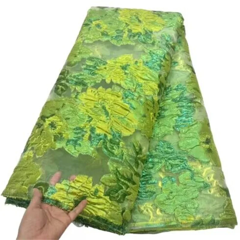 

Brocade Jacquard Luxury Fabric Green African Floral Damask Cloth Nigerian Gilding Lace Materials Brocard Tissu 5Yard For Dress