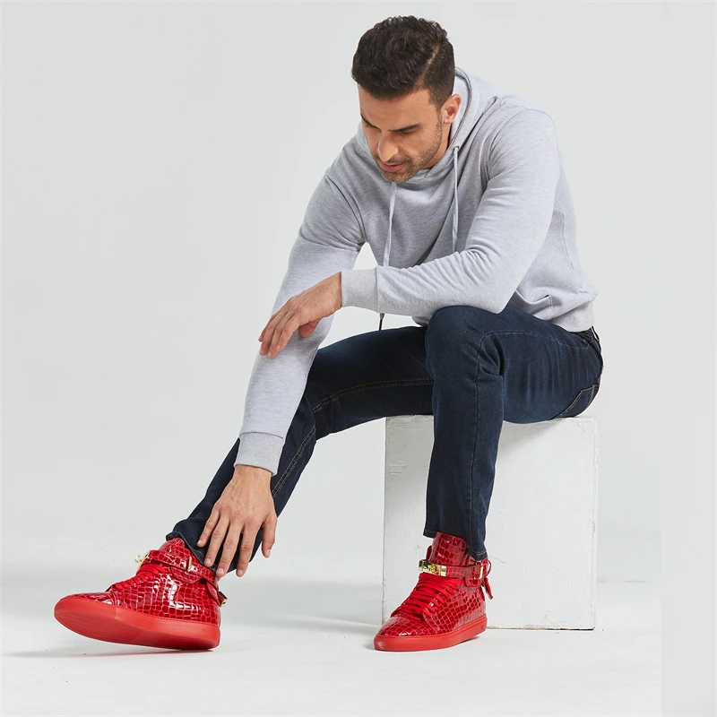 Men Luxury Red Genuine Leather High Top Sneakers Metal Lock Buckle Hip Hop Street Ankle Boots Casual Streetwear Walking Shoes view 5