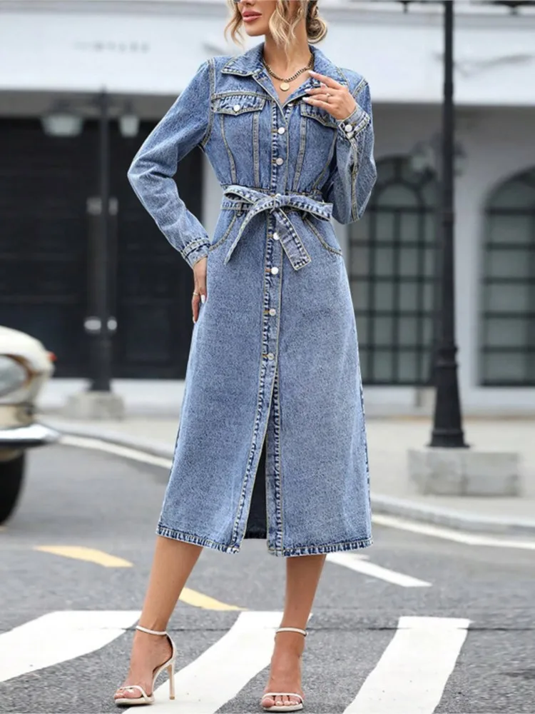Denim Autumn Long Sleeve Dress Women Korean Style Casual Loose Fashion Ladies Shirts Dresses Retro Woman Dress
