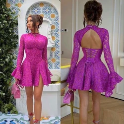 Customized Vintage Lace Prom Gown Sexy Long Sleeve Ruffles A-line Charming Women Party Dress Backless High Up Homecoming