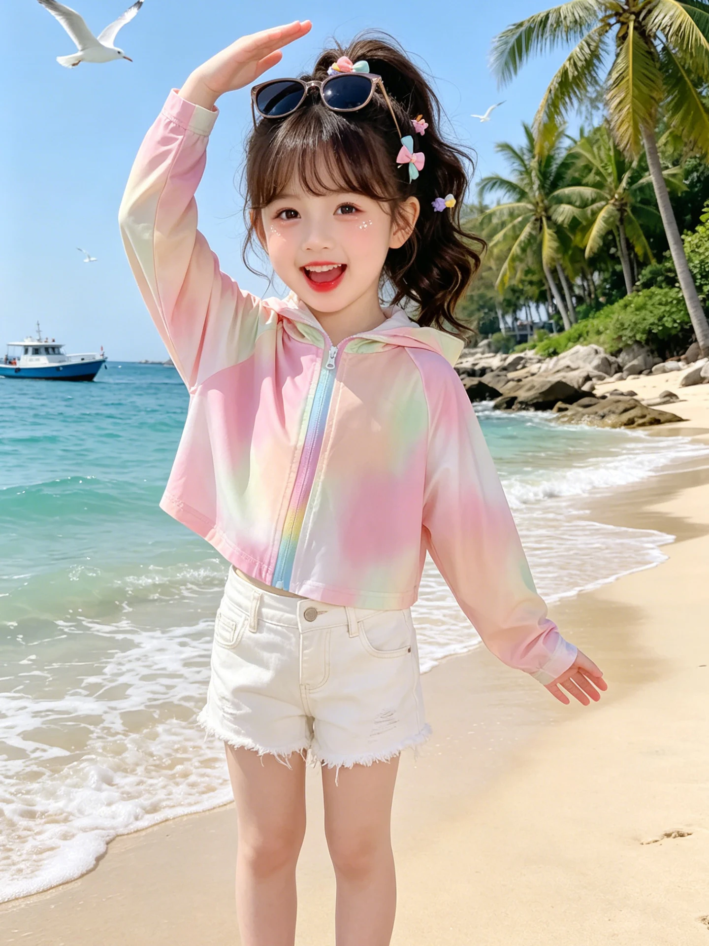 女の子の夏の紫外線防止帽子ジャケットかわいいスタイル長袖ショート丈子供用アウトドア服子供用紫外線防止服