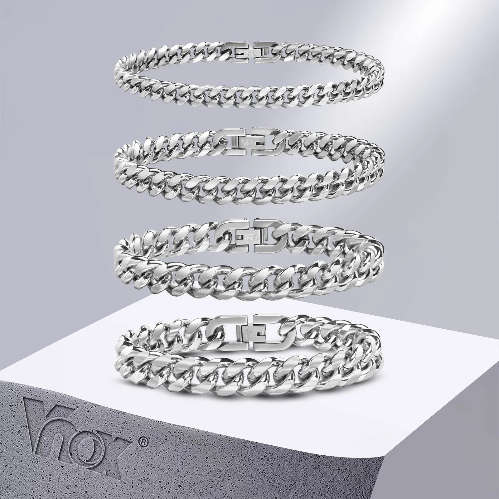 Vnox 6/8/10/12mm Cuban Chain Bracelets for Men Women, Solid Stainless Steel Curb Link Chain Wristband Jewelry