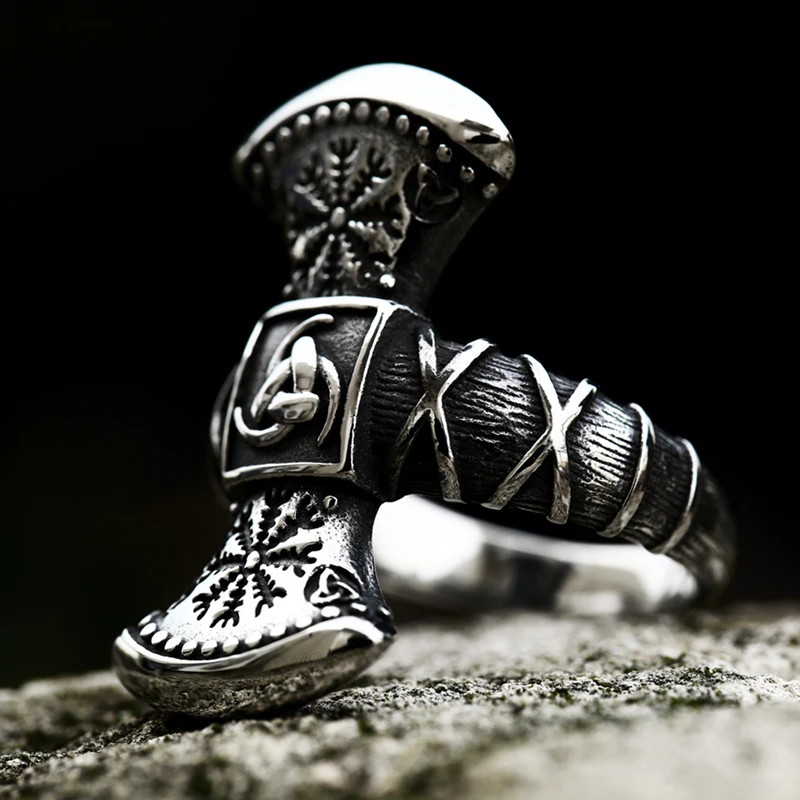 2022 Beier New Creative Design Viking Double Axes Axe Compass Ring Men Boy Nordic Viking Wholesale