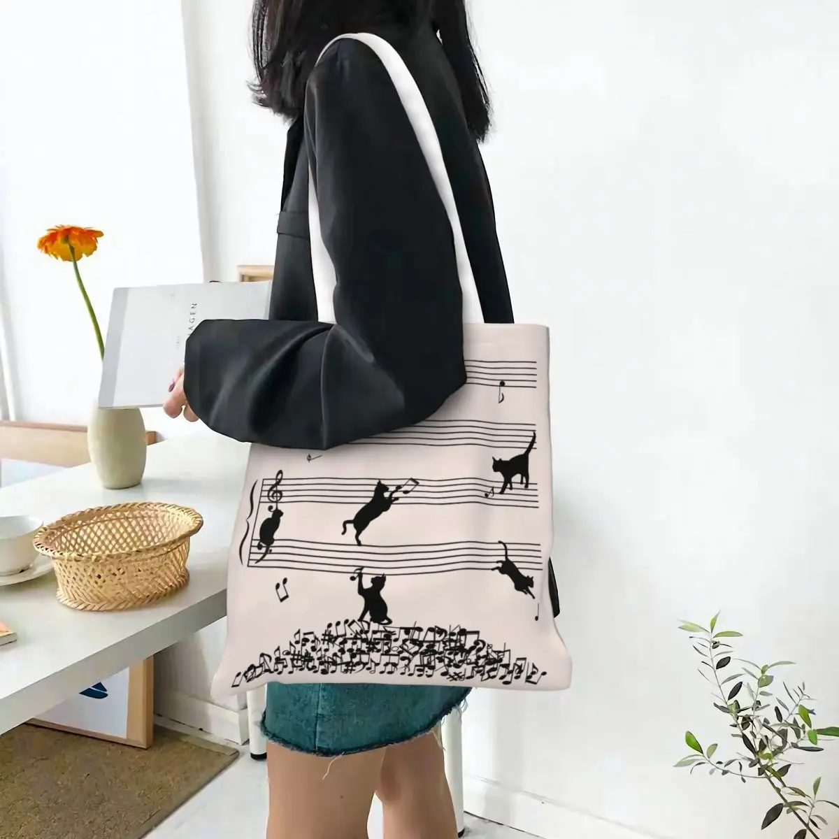 Bolso de mano de lona para mujer, bolsa de hombro con estampado de gato, gatito, música, nota