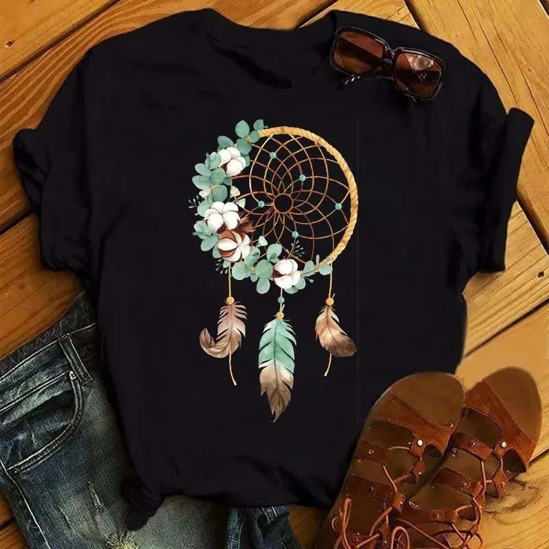 Feather Dreamcatcher Women Fashion T Shirt Harajuku Graphic Tees Shirt Femme Dream Catcher Women's T-shirt Clothes Tops