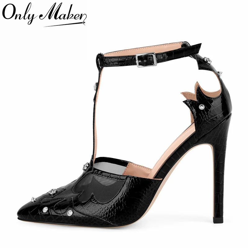 

Onlymaker Women Pointed Toe T-strap Patent Leather High Heeled Big Size Office Dress Stiletto Pumps