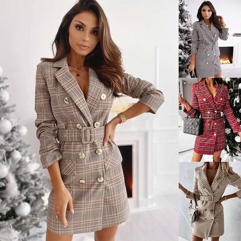 New Autumn Women's Loose Version Suit Coat Double Breasted Elegant Long Sleeve Plaid Print Knee-length Dress Slim Office Lady