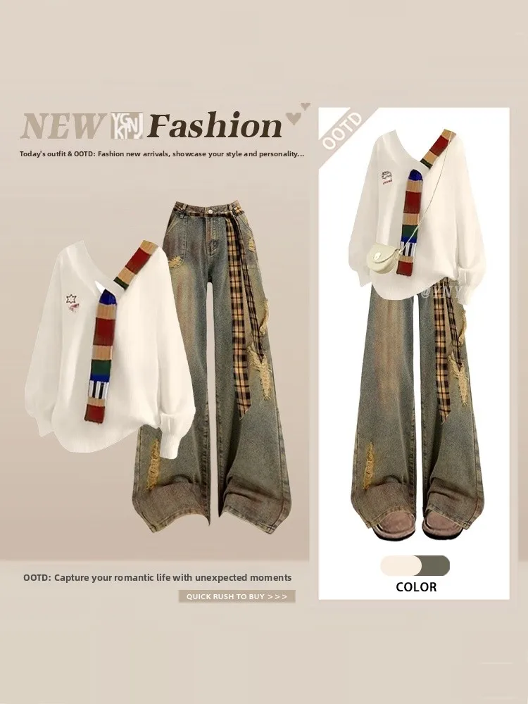 

Retro American Striped Scarf Sweater Hole High Waist Denim Two Piece Set Spring 2026 Casual Sle Long Sve Adult Women