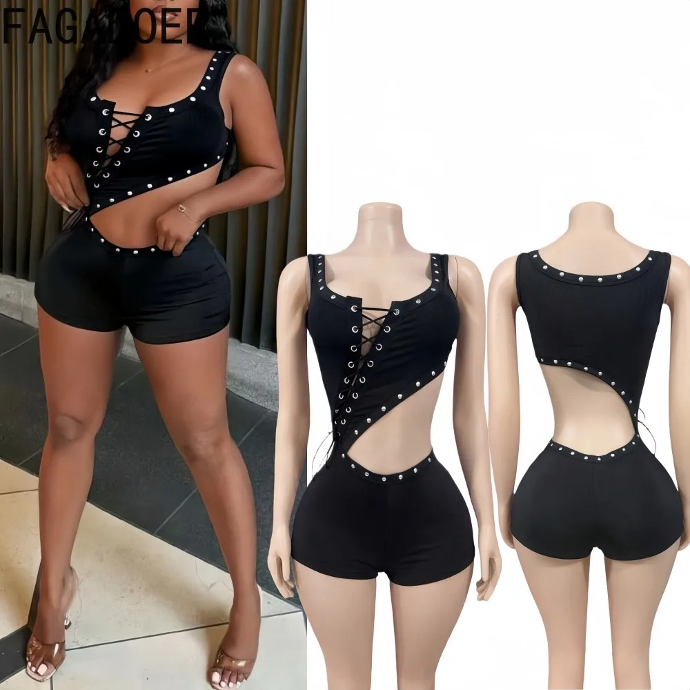 

FAGADOER Sexy Irregular Bandage Patchwork Rompers Woman Hollow-out Sleeveless Backless Jumpsuits Female Streetwear Overalls New