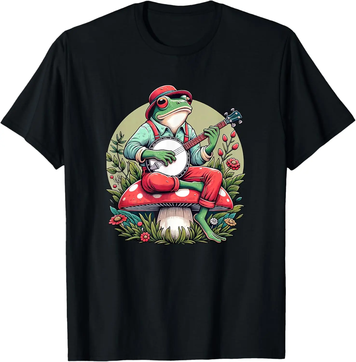 Banjo Froggy hongos serenada Cool divertido rana bosque místico camiseta
