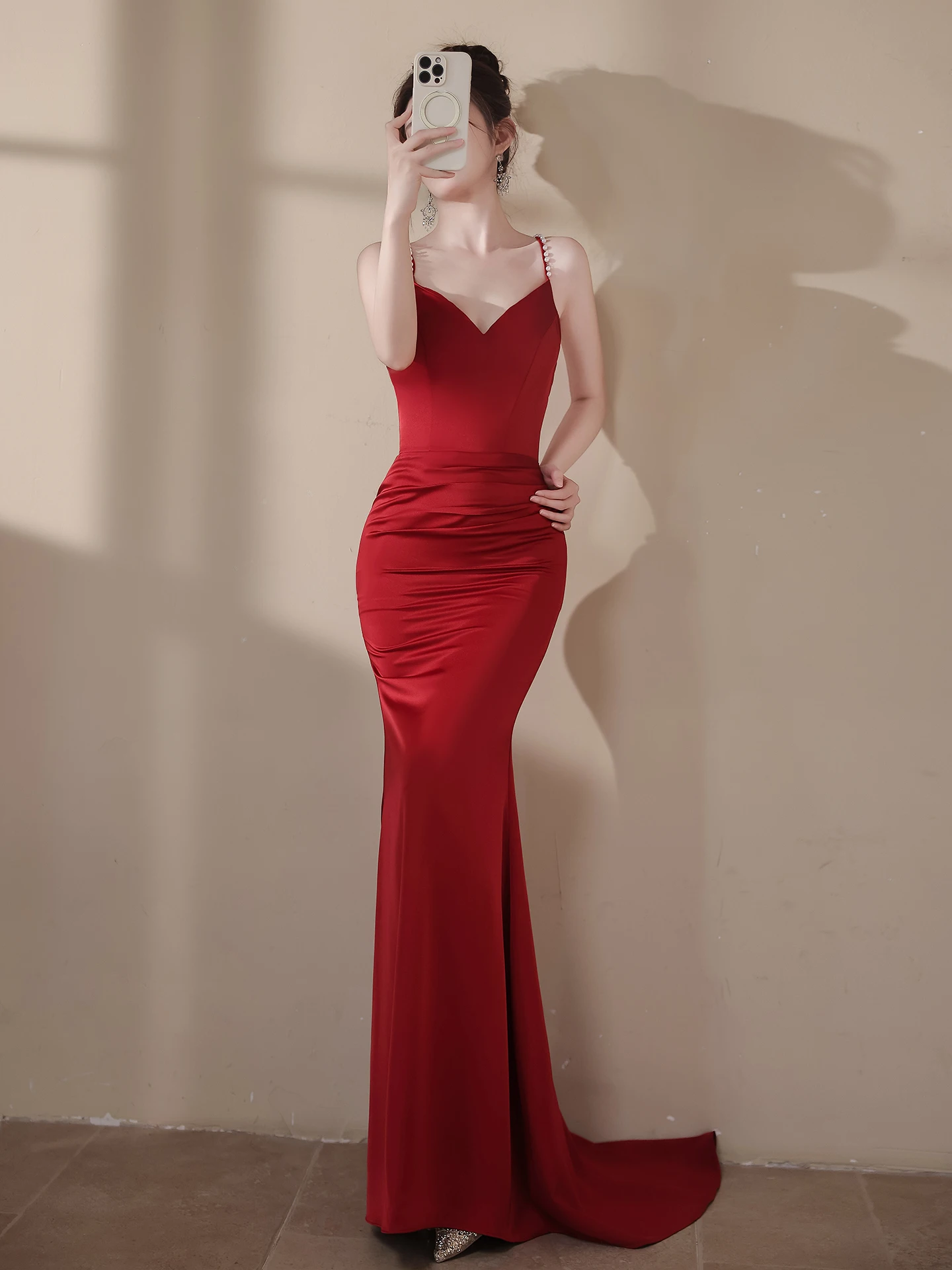 

Red Evening Gown Sexy Bal Tailored Dr for Banquet And Year End Par High End Sensual Floor Length Pearl Embellied