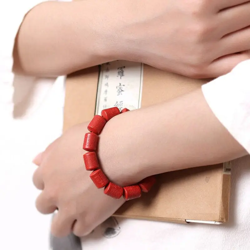 Raw cinnabar bracelet with high content of chen sand, featuring Prajna Heart Sutra barrel beads, similar to the original bra