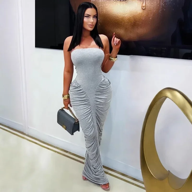 

GUWU Female Style Hip Hugging Long Chest Pleats Solid Color Fashion Casual Maxi Long Dress