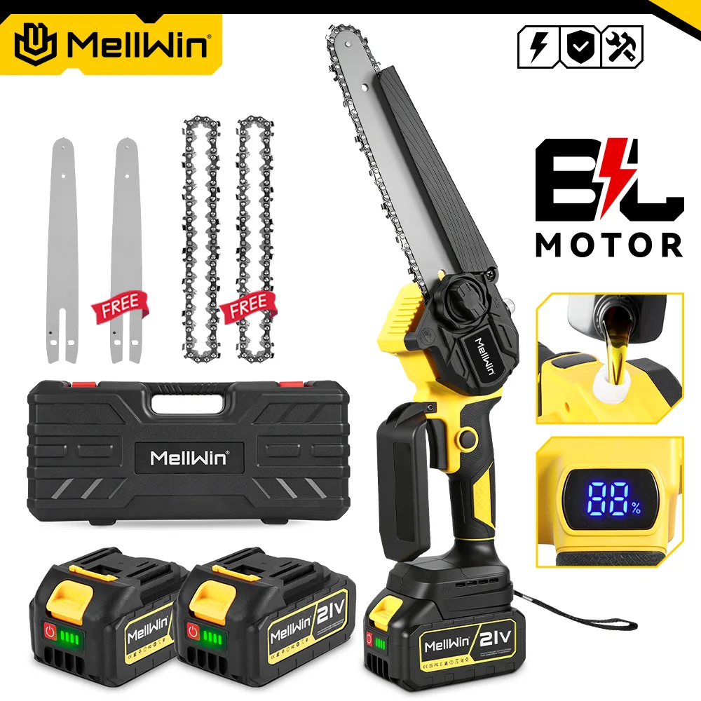 MELLWIN Bürstenlose 8-Zoll-Elektrokettensäge, tragbare elektrische Säge, Holzbearbeitungs-Gartenwerkzeug, Baumsäge für Makita 18V Akku