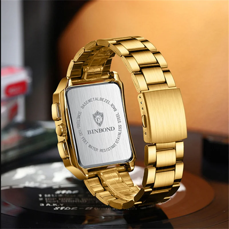 Binbond Authentic Men Watch Square Stainless Stee Waterproof Man Wristwatch Luxury Quartz Calendar Hollow Original A4303