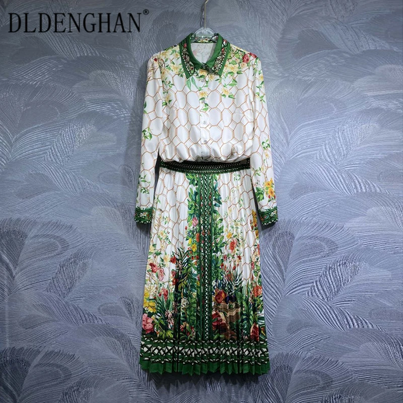 

DLDENGHAN Autumn Women's Beading Turn-down Collar Long Sleeves Shirt + Pleated Skirt Flower Print Vacation 2 piece Set