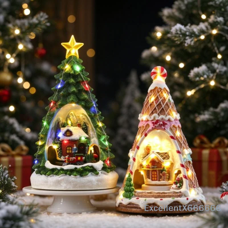 LED Light Up Gingerbread House Christmas Ornament Snow Scene Figurine Mini Tabletop Decor for Xmas Party Winter Home Decoration