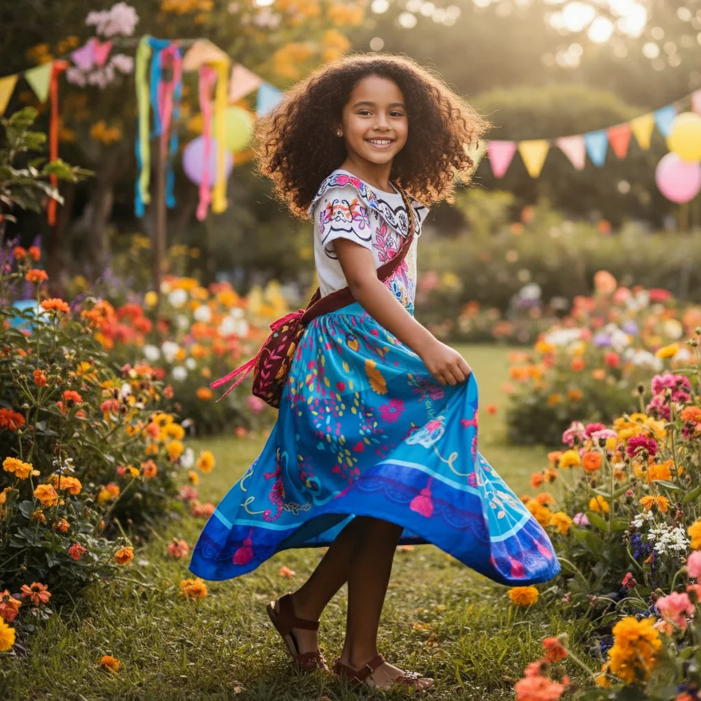 Karnevalskostüm für Mädchen, lebendiges Blumenmuster, mexikanisch inspiriertes Kleid mit voluminösem Rock und passender Tasche, festliches Partykleid