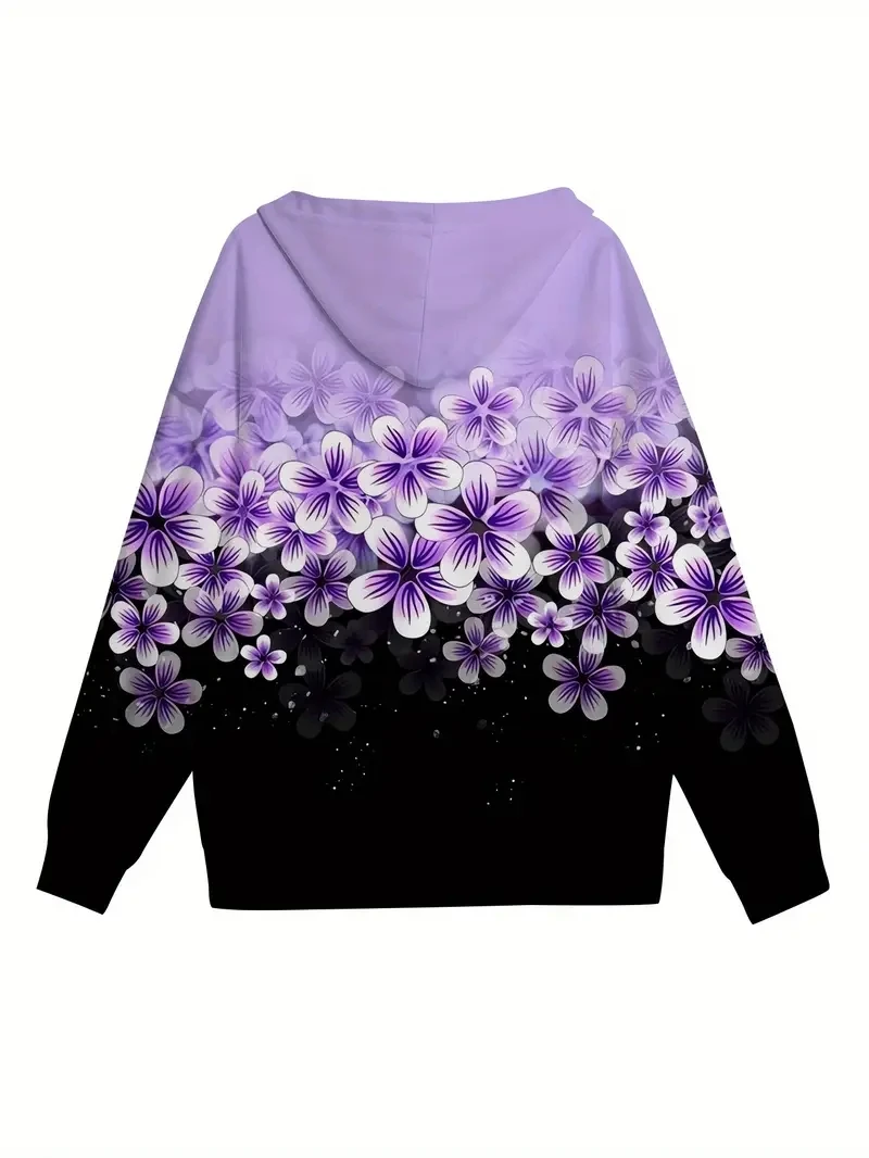 Women's Spring and Autumn Hooded Casual Floral Print Fashion Jacket - Machine Washable