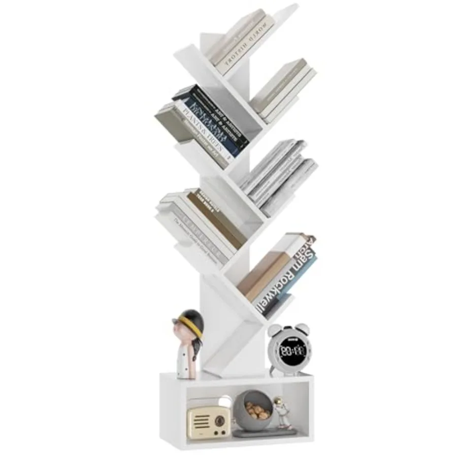 

6 Tier Tree Bookshelf Tall Bookcase Wood Book Storage Rack with Drawer Modern Floor Standing Book Shelf for Books/Movies/CDs Ut