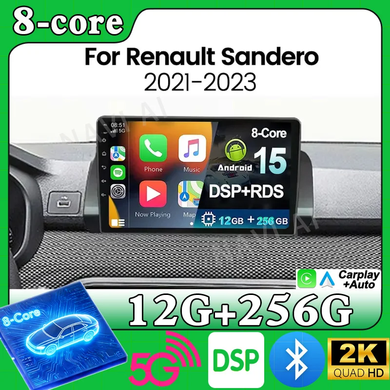 For Renault Sandero 2021-2023 Android 15 Auto Carplay Car Radio Multimedia Player GPS WIFI Head Unit Audio 4G WIFI Car System