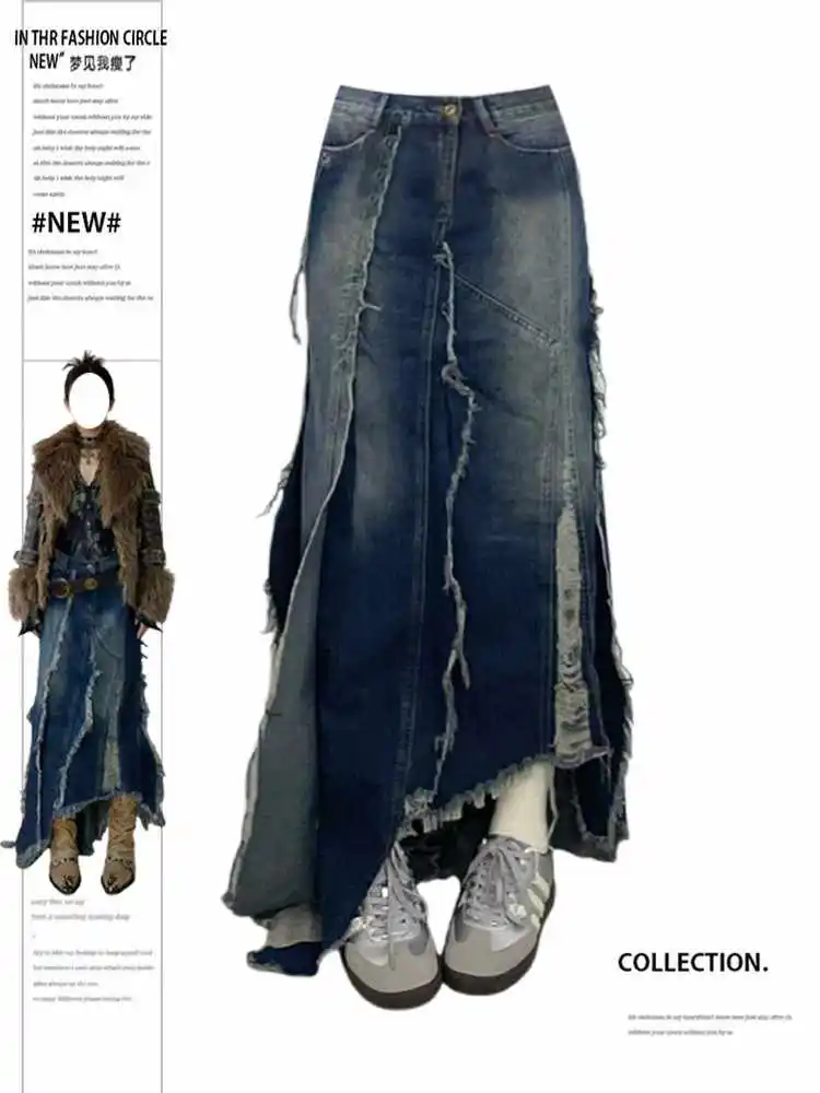 

Women's Maxi Denim Skirts 2000s Aesthetic Y2k Korean A-line Harajuku High Street Design Asemetrical Harajuku Cyber Punk Grunge