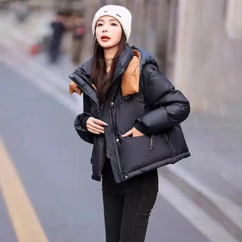 Contrast Down Cotton-padded Jacket Women Winter New Short Outerwear Korean Casual Hooded Bread Coat Female