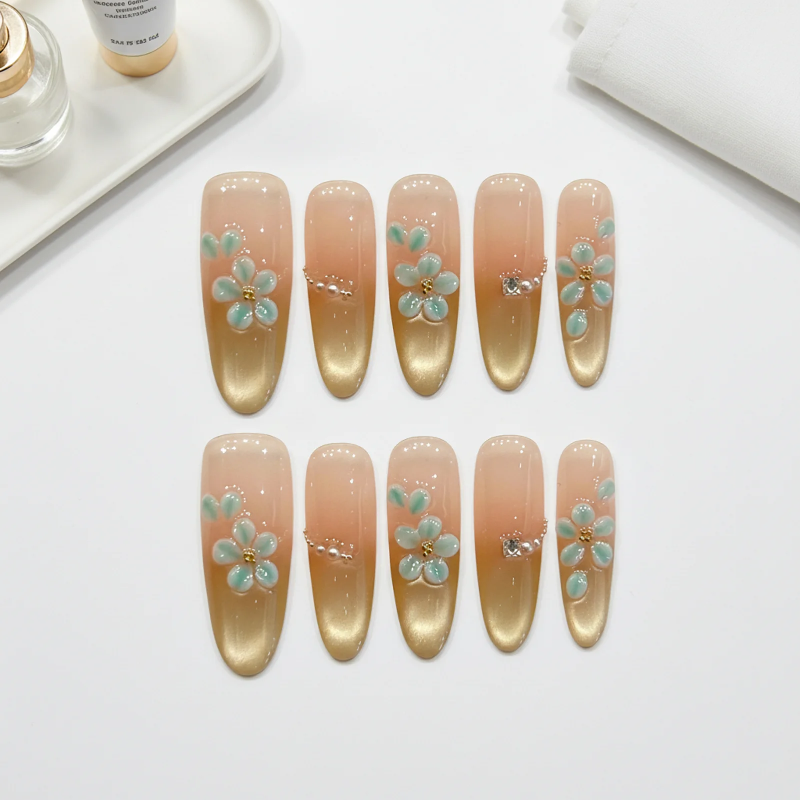 Handmade Fake Nails 10pcs Wearable Artificial Nails Pink Gold Gradient False Nails Green Glaze Flowers Designs Press On Nails