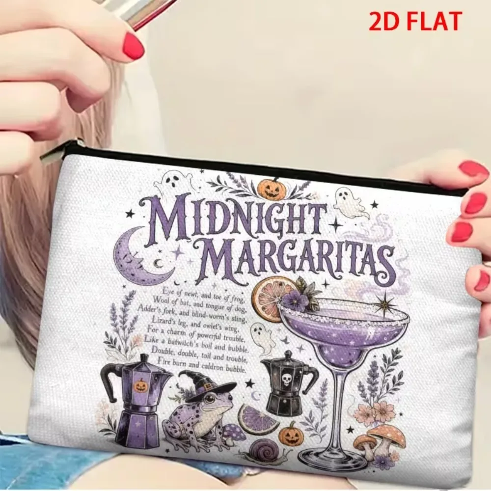 Witchy Halloween Canvas Makeup Bag 2D Print Midnight Margaritas Frog Pumpkin Cosmetic Pouch Ladies Travel Toiletry Storage Purse