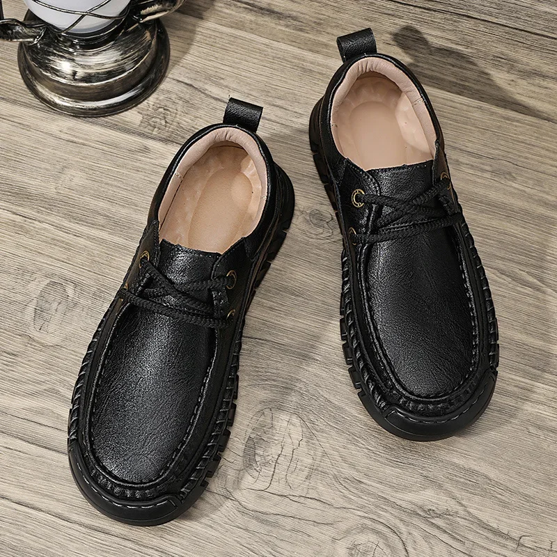 Breathable Leather Loafers Men\'s Summer Shoes Comfty Driving Thick Sole Shoes Casual Sneakers  Hand-stitching Their Flat