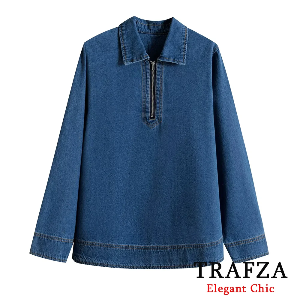 TRAFZA Women Vintage Denim Zip Half Open Collar Lapel Jacket New 2025 Spring Fall Fashion Y2K Casual High Street Jacket