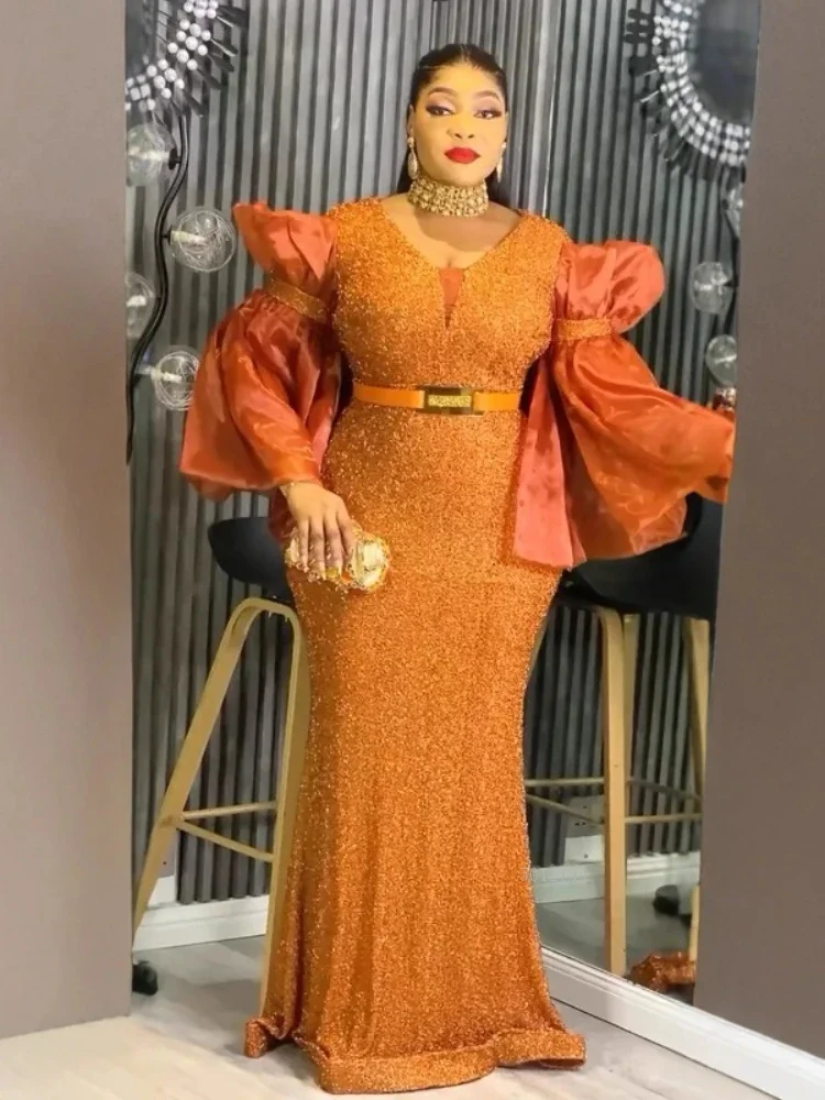 فستان ماكسي أفريقي مقاس كبير للنساء فستان ترتر على شكل حرف v مع أكمام جرس كبيرة الحجم نمط بوبو ملابس حفلات الزفاف الأفريقية #5