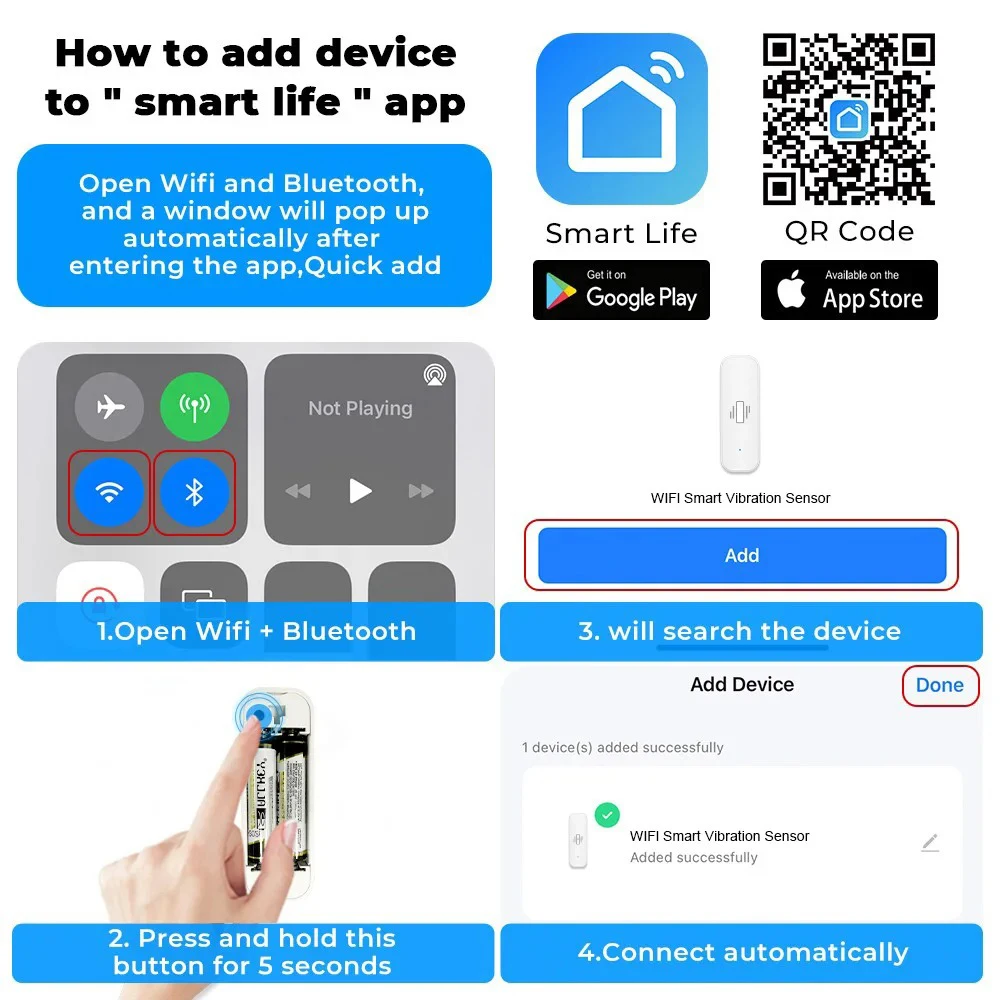 Tuya WiFi Smart Vibration Sensor Detection Tuya Smart Life APP Notification Real-Time Motion Shock Alarm History Record