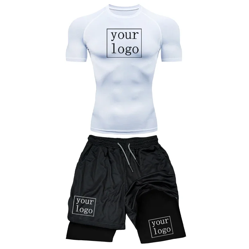 Men's Custom Printed Compression Set, Team Logo Gym Top+training Shorts, Breathable Quick Drying Rash Protective Clothing