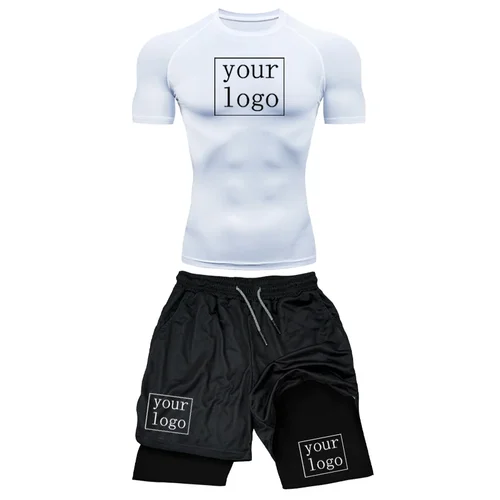 Imagen 2 del producto Conjunto de compresión impreso personalizado para hombre, camiseta de gimnasio con logotipo del equipo + pantalones cortos de entrenamiento, ropa protectora transpirable de secado rápido