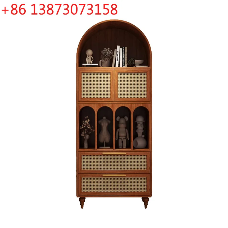 

French retro solid , antique style wall rattan door locker in living room, American light luxury arched storage cabinet