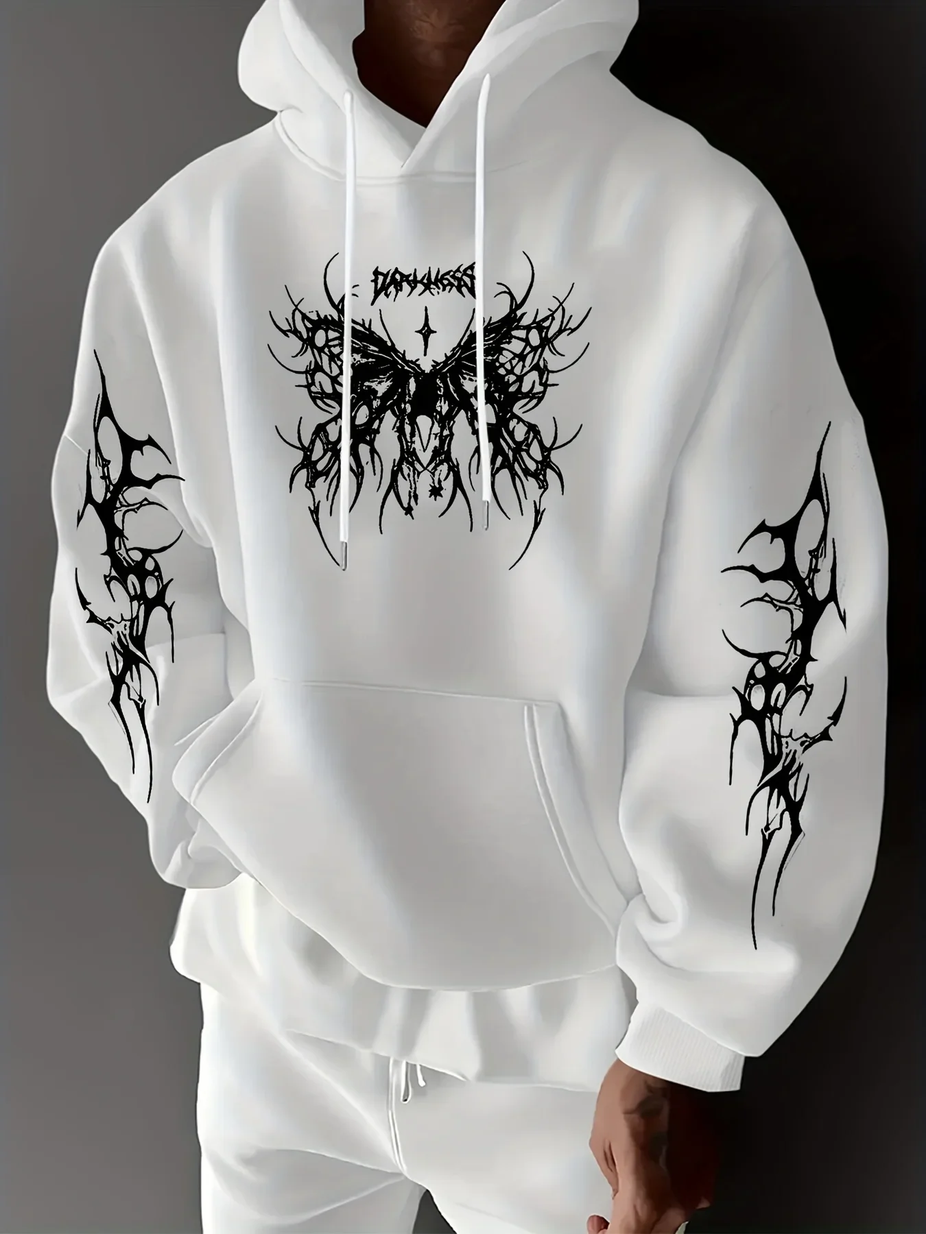 Punk Dark Street Men Hoodie Front Chest & Both Sleeves Gothic Print Y2K Edgy Trendy Loose Oversized Autumn Winter Fleece Lined