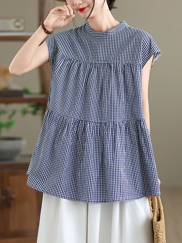 ผ้าฝ้ายแท้ลายสก๊อตสีฟ้าและสีขาวสำหรับผู้หญิงฤดูร้อนบางสบายๆหลวมรอบ Ne Top สบายระบายอากาศได้ดีหรือ Sve
