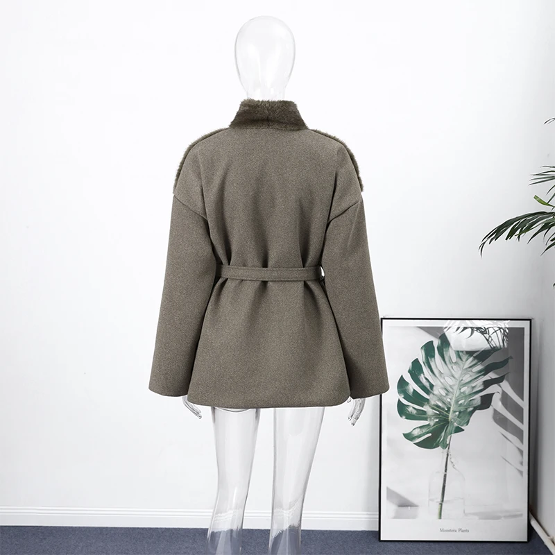 Schicke Jacke mit Kunstfell-Patchwork für Damen, mit Gürtel, Stehkragen, langen Ärmeln, versteckten Knöpfen und Schnürung, locker geschnitten, 2026, Damen-Alltagsjacke – Detail 2