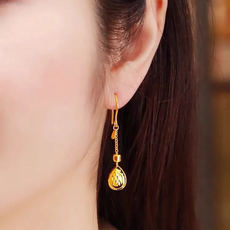 Luxury 24K 9999 Pure Gold real gold Tassel Water Drop Earrings Women's Transfer Beads Earrings