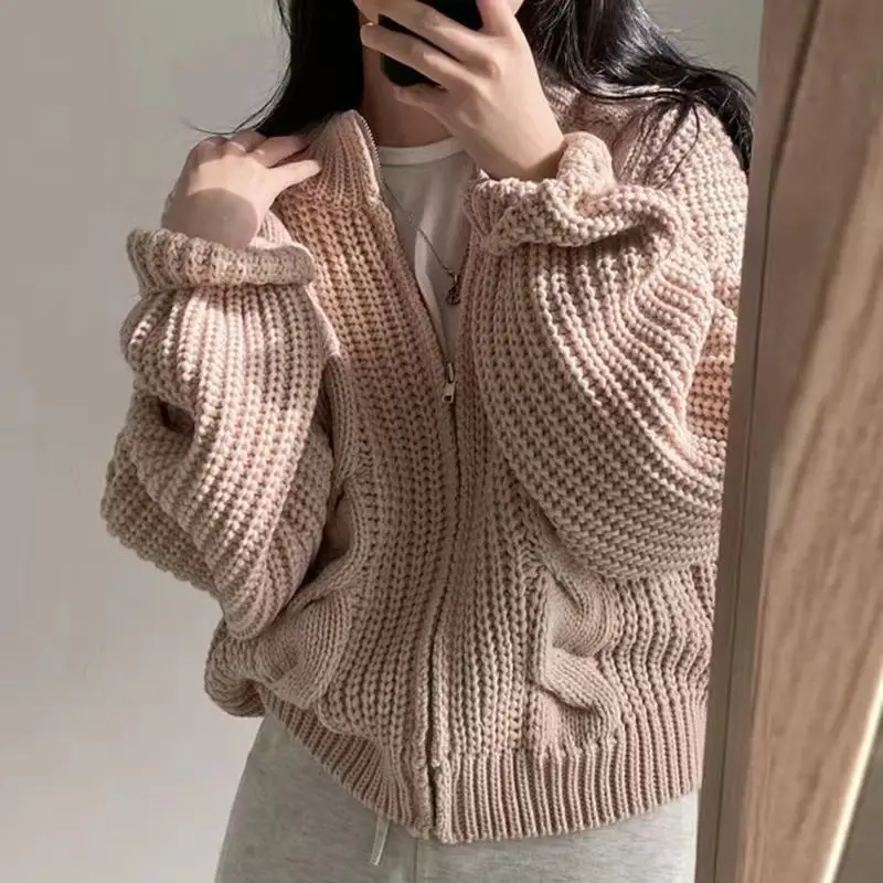 Rimocy Chic Zipper Up Knitted Cardigan Women Autumn Winter Solid Color Twisted Sweater Woman Wild Long Sleeve Jumper Coats Mujer