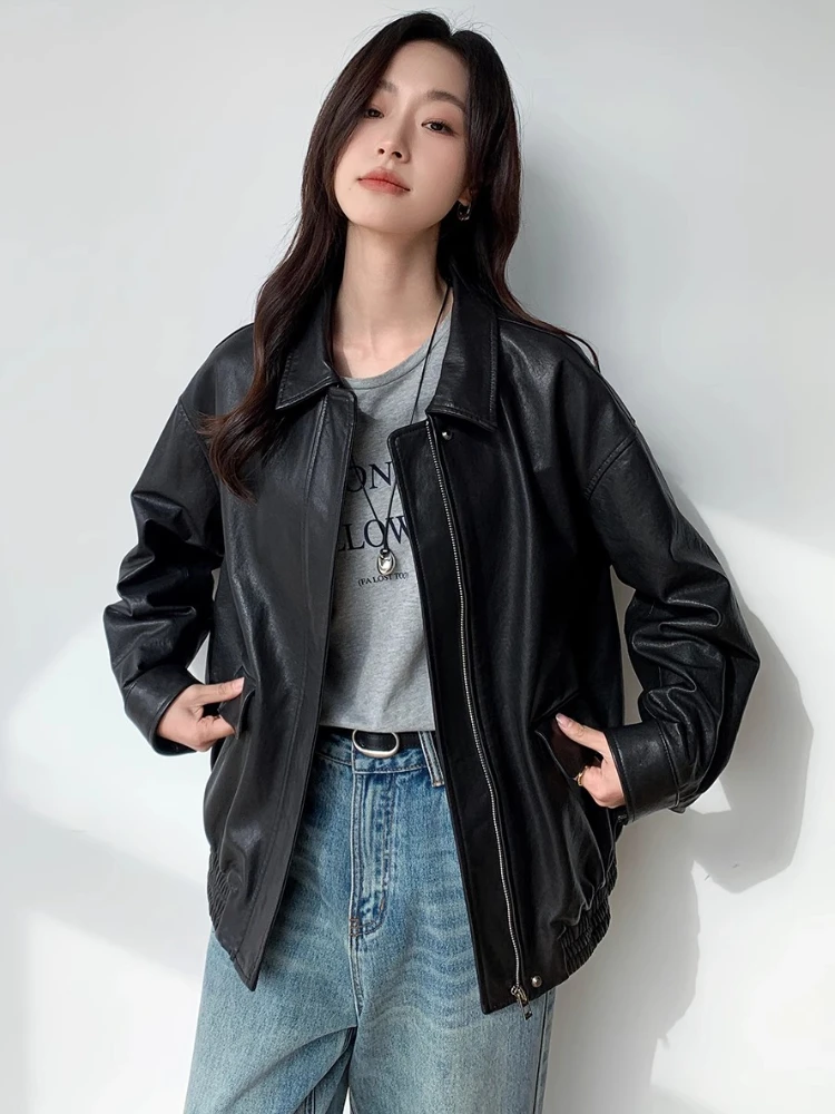 

Vintage Genuine Leather Bomber Jackets for Women Spring Autumn High-end Simple Casual Loose-fit Soft Black Real Sheepskin Coat