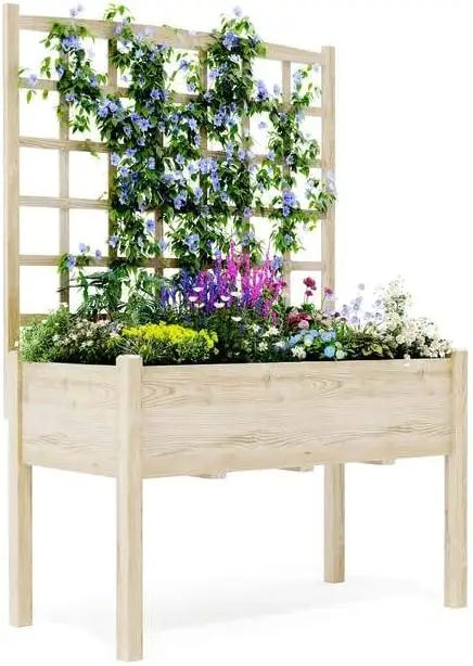 

Raised Garden Bed with Legs For Outdoors, 46"x23"x65" Wooden Elevated Planter Box with Trellis, Planter Liner for Backyard, Pati