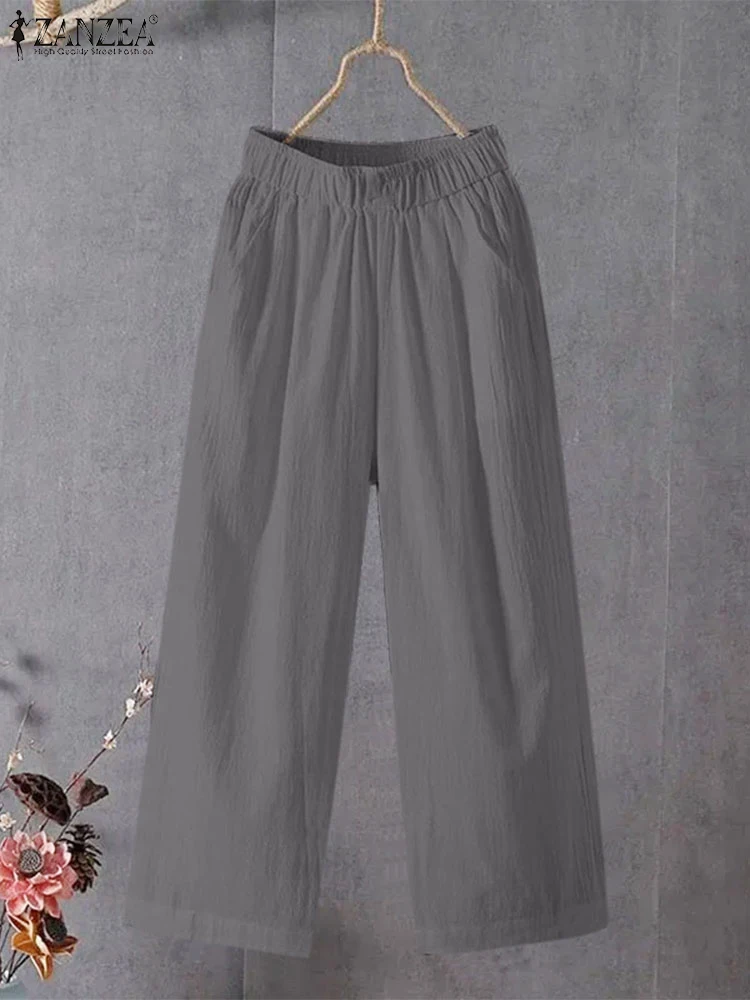 ZANZEA Fashion Straight Trousers Women Long Pants 2024 Spring Korean Style Pantalons Casual Solid Color Elastic Waist Bottoms