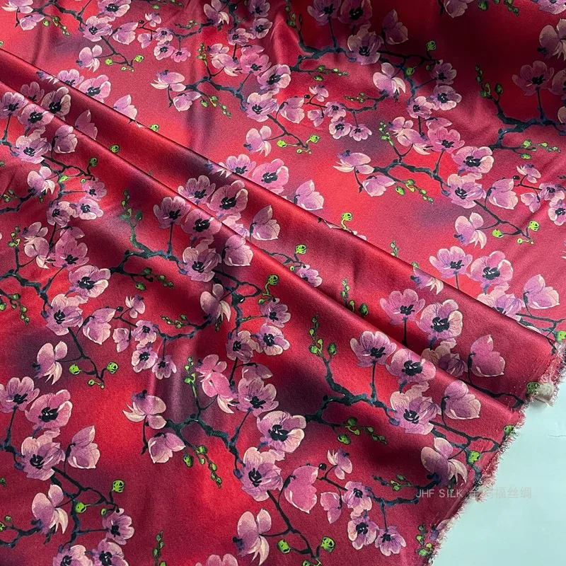 

1 Meter Mulberry Silk Fabric Dress Shirt Printing Wide Stretch Satin Red Plum