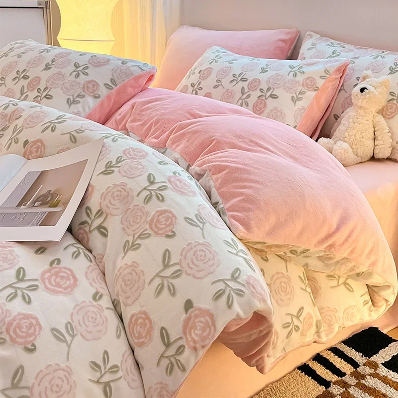 2025 new winter carved milk fleece four-piece set thickened coral fleece quilt cover flannel bedding view 6